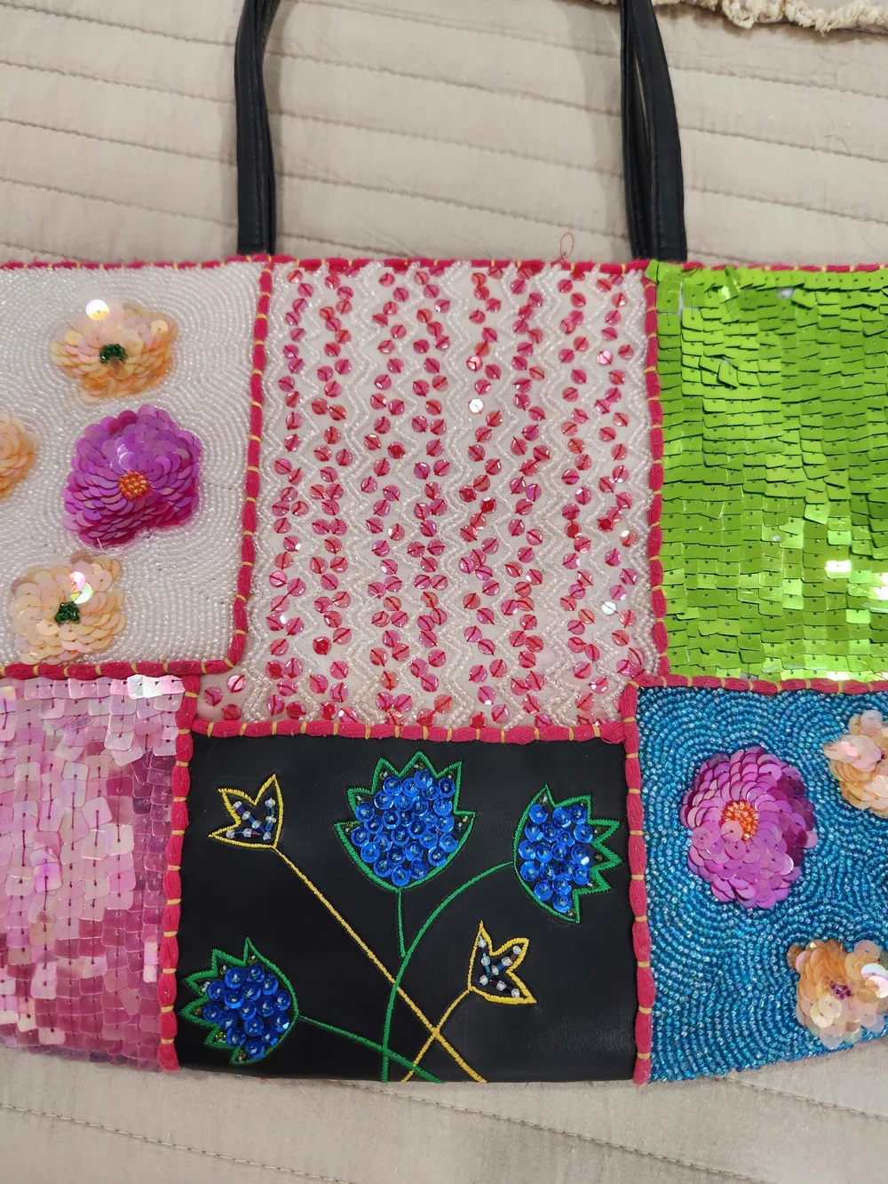 Vintage Christiana Hand Beaded Patch Work Tote Bag 90's Whimsigoth Boho